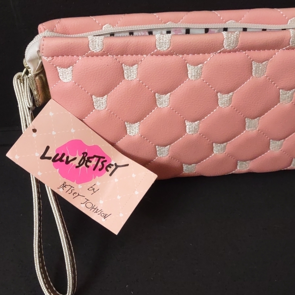 LUV BETSEY by BETSEY Johnson Double pouch wristlet embroidered Cat face Coral - Picture 7 of 8